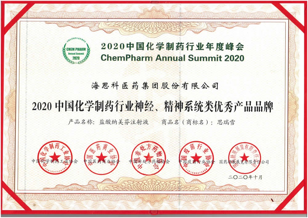 2020中國化學製藥行業神經、精神係統類優秀產品品牌