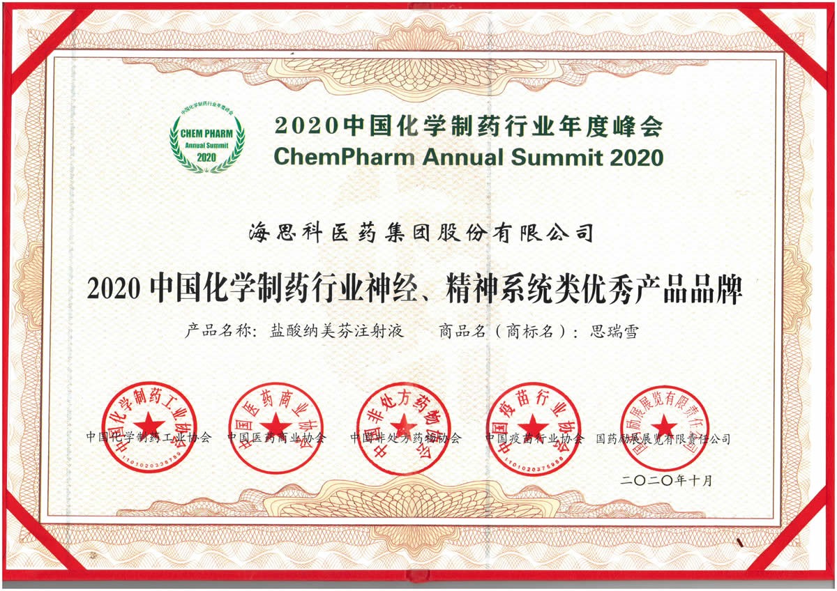 2020中國化學製藥行業神經、精神係統類優秀產品品牌